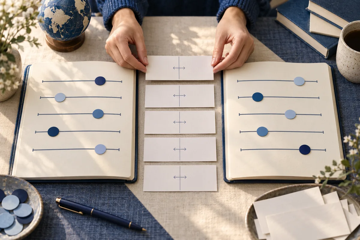 Hands arrange blank cards with double arrows between two open notebooks showing lines and colored markers.