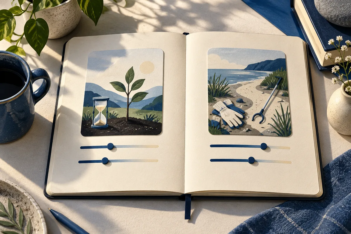 An open notebook shows a seedling beside an hourglass on one page and a beach cleanup scene on the other, with pairs of blue slider bars beneath both illustrations.