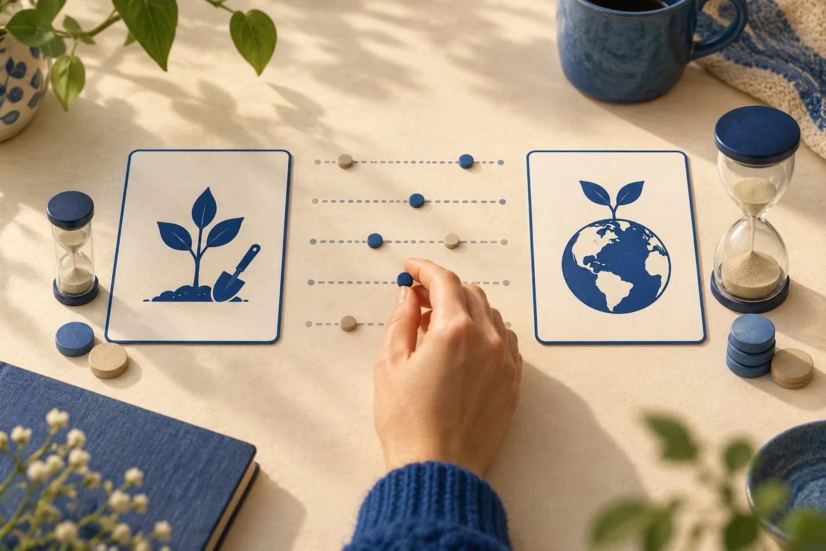A hand moves a blue marker along dotted lines between cards showing a sprout with a shovel and a sprout growing from a globe; hourglasses and round markers surround the cards.