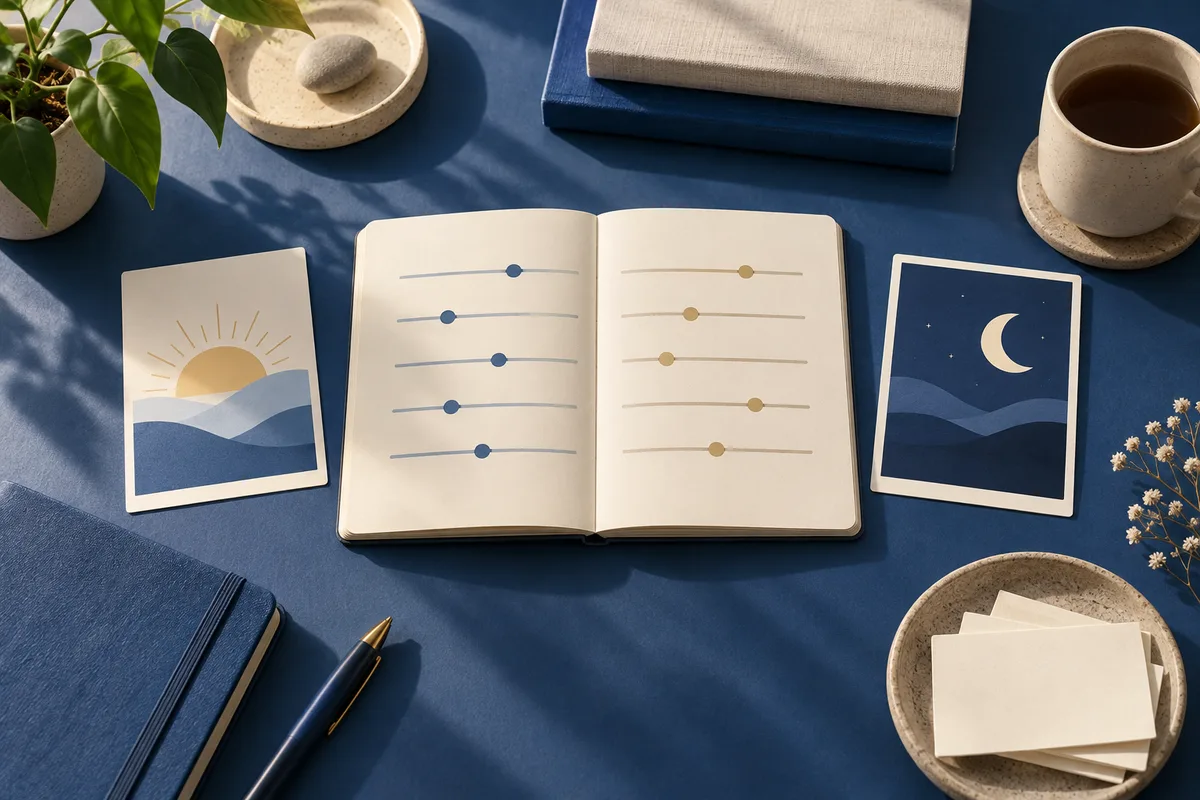 An open notebook with paired rows of colored slider dots sits between a sunrise picture and a crescent-moon picture, with a pen, cups, books, plant, and blank cards around it.
