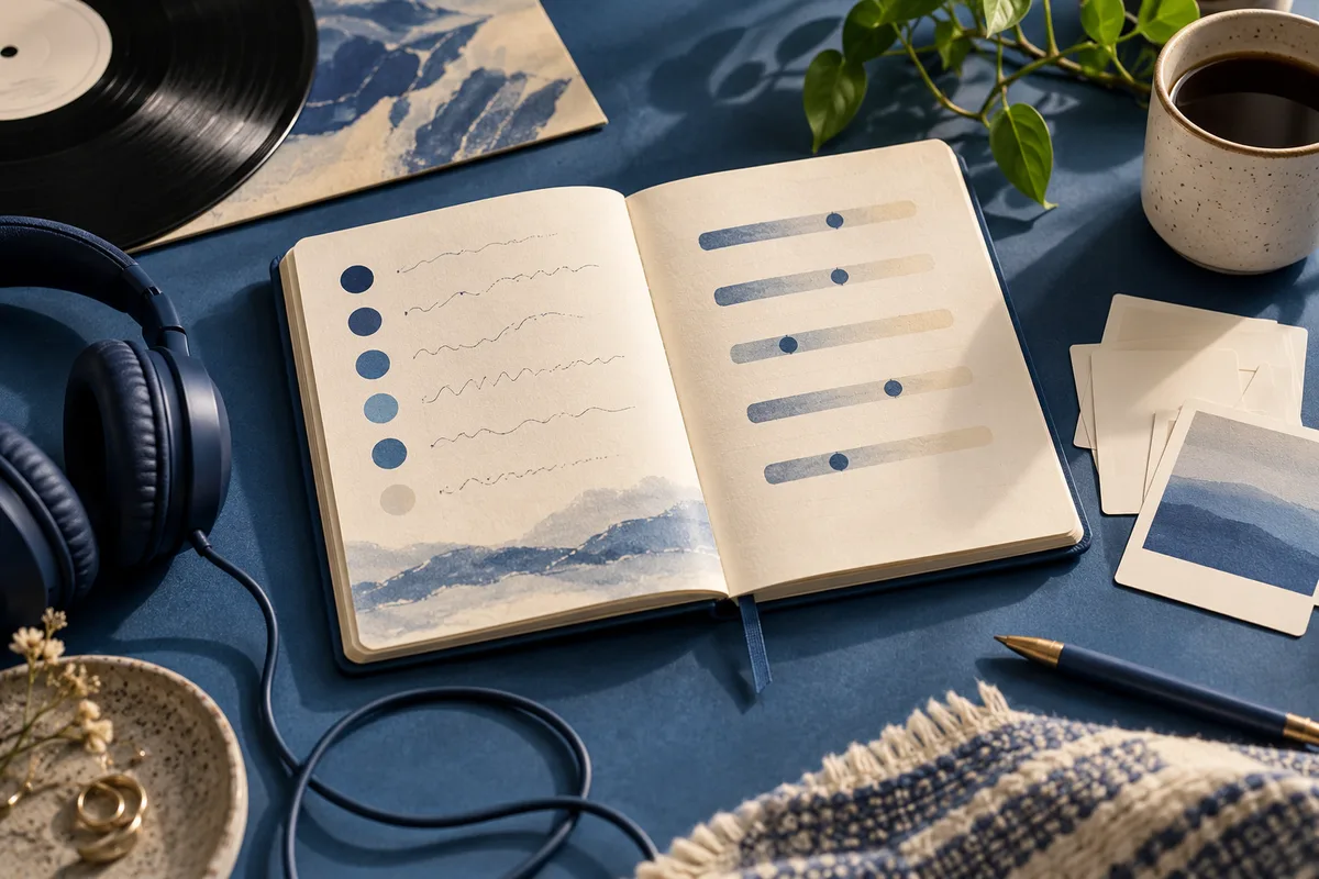 Open notebook with line markings and slider scales beside headphones, a vinyl record, blank cards, and a cup.