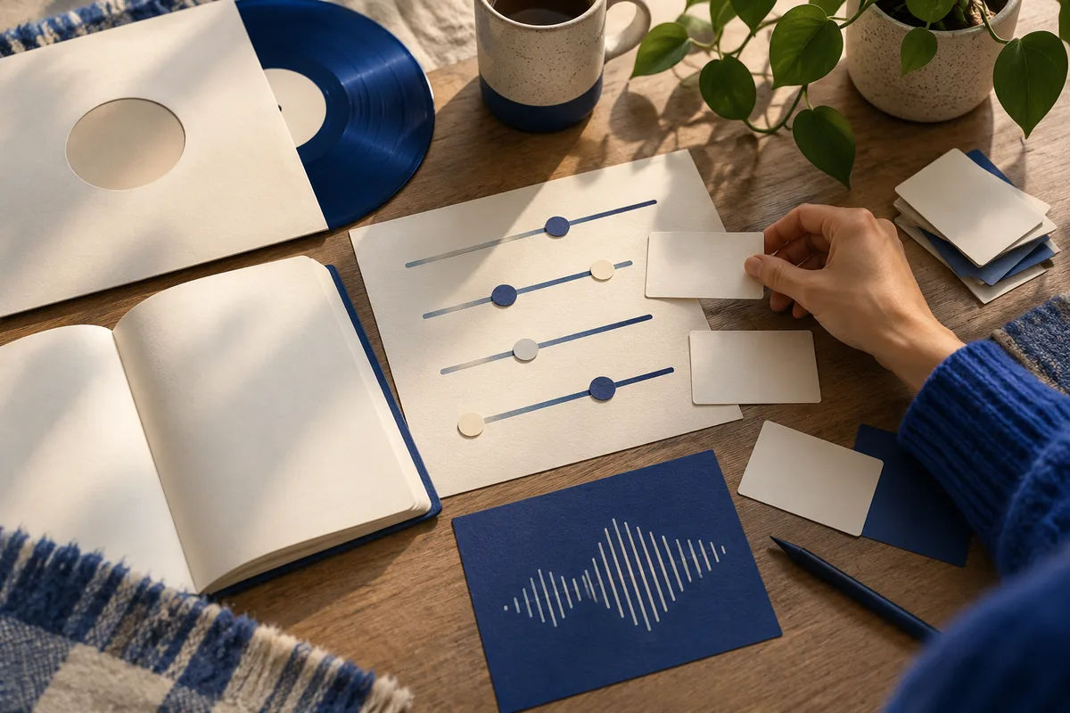 A hand holds a blank card beside slider scales and blank cards, with a waveform graphic below.