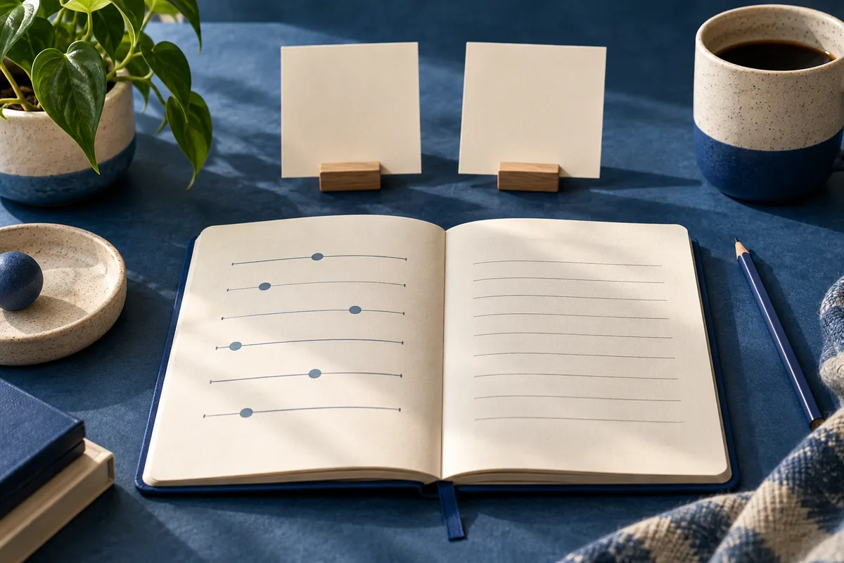 An open notebook with slider marks and blank lines sits on a blue desk beside two blank cards, a potted plant, a cup, a pencil, and stacked books.