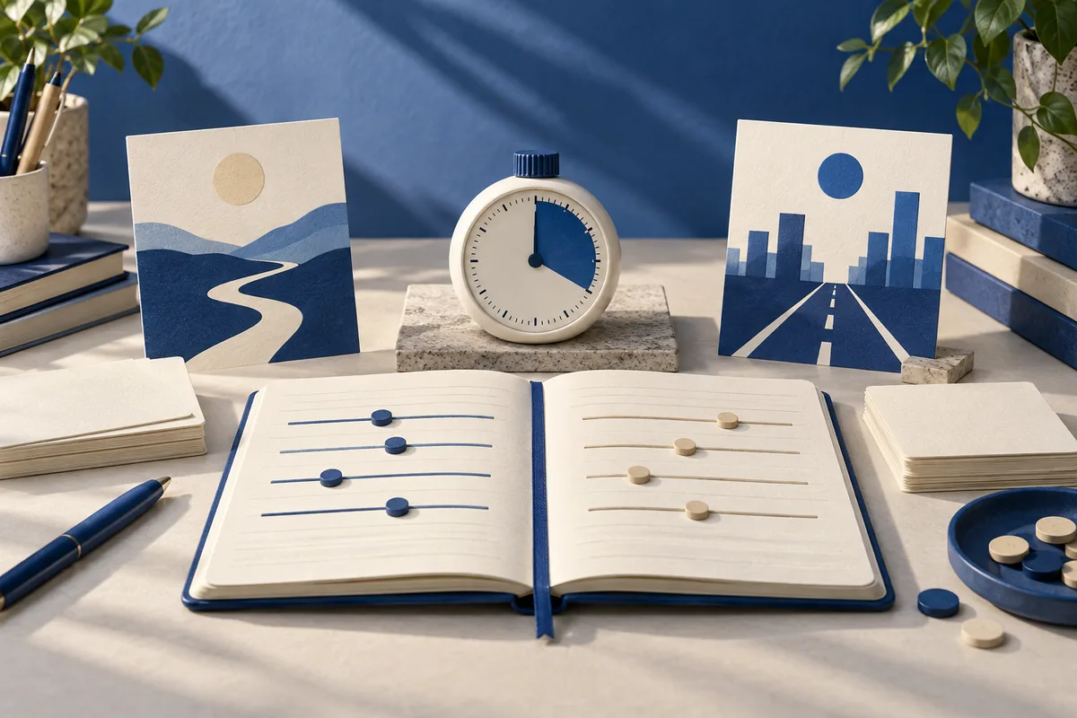 An open notebook with blue and cream slider markers sits beneath a timer, between abstract landscape and city cards.