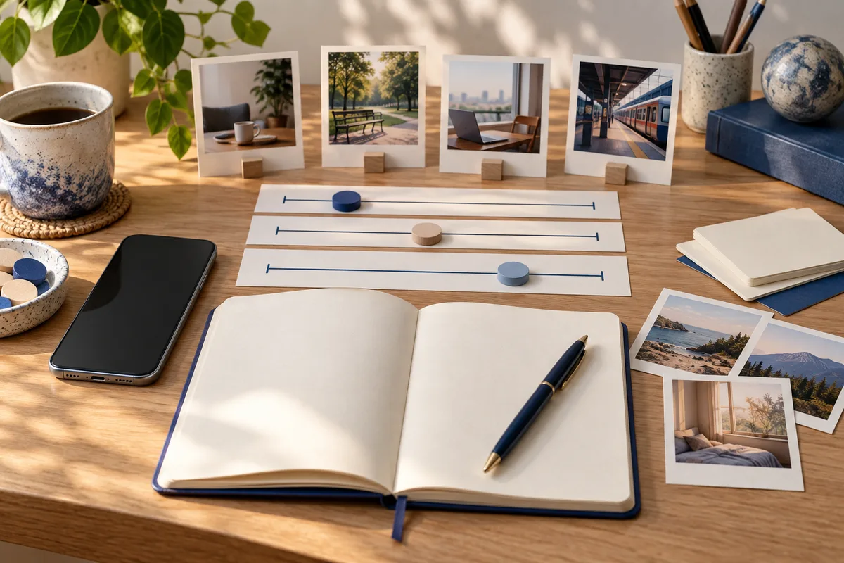 An open notebook and pen sit beside a phone, three prominent slider cards, a coffee cup, and framed context photographs.