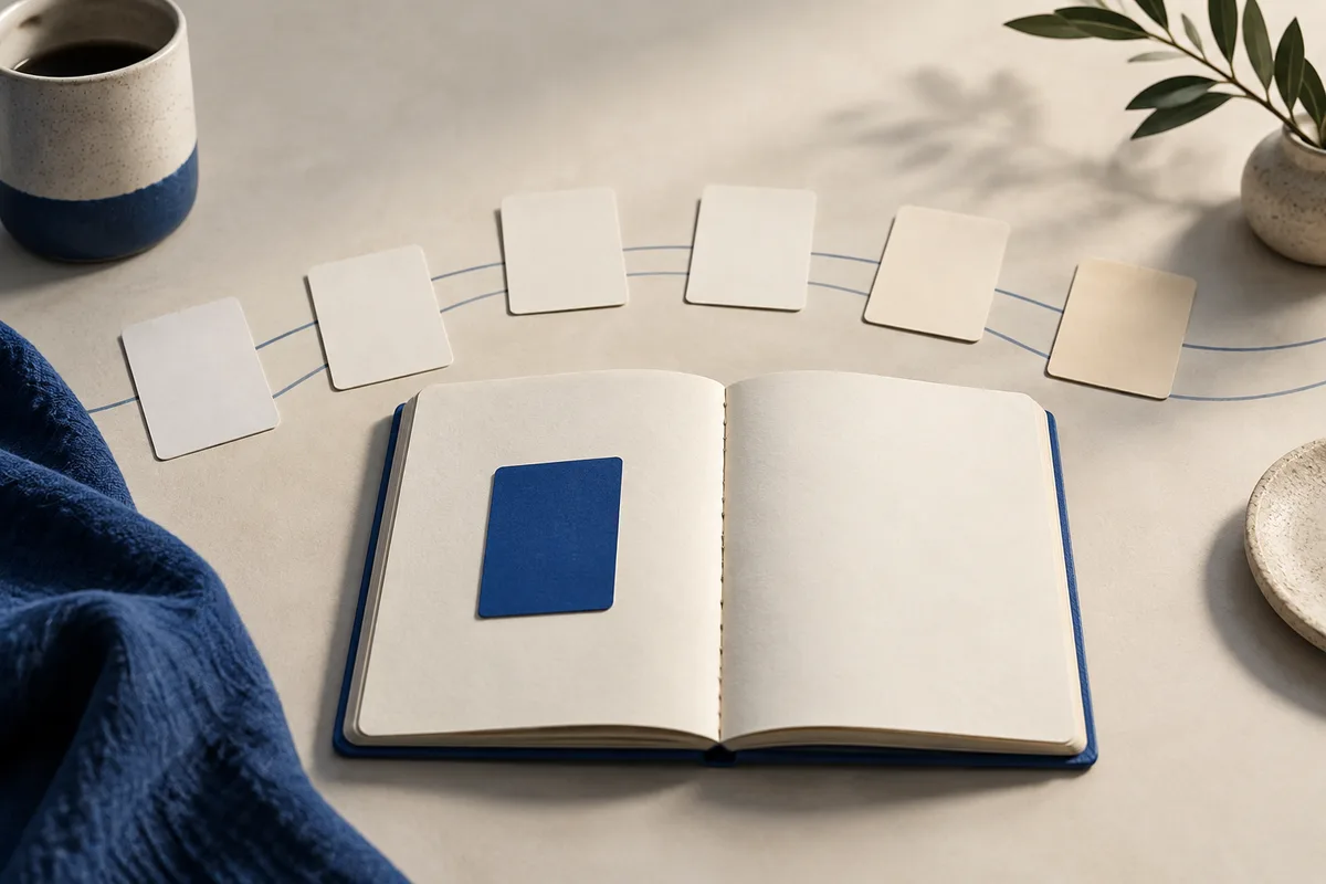 Open notebook with a blue card, blank cards arranged along curved lines, a cup, and a potted plant.