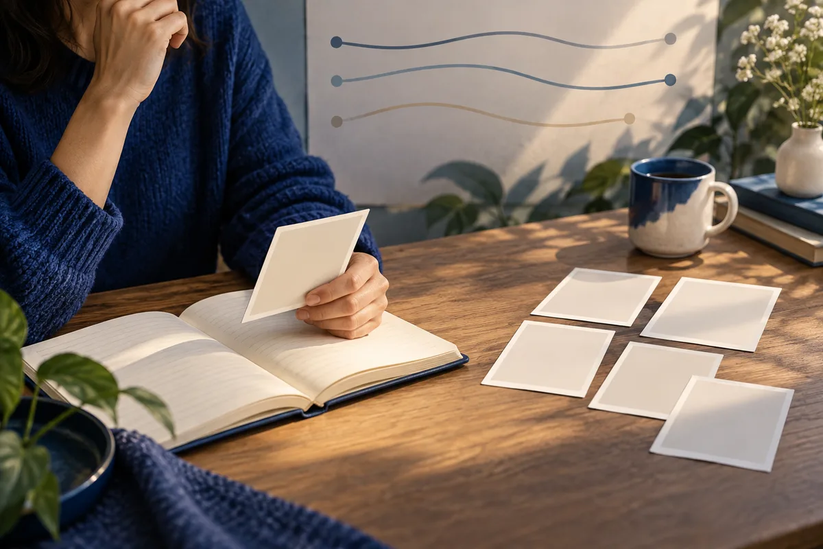 A seated person holds a blank card above an open notebook, with more blank cards on the table and curved lines on the wall.
