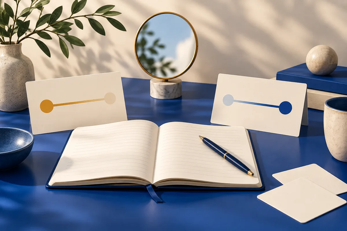 An open lined notebook and pen sit on a blue desk between two cards with opposite-end dots connected by lines. A round mirror, leafy plant, and small desk objects complete the still life.
