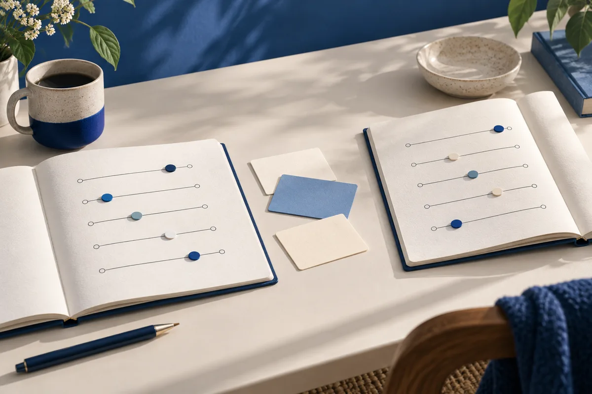 Two open notebooks display rows of sliders with colored markers, alongside loose cards, a pen, a mug, and a small bowl on a desk.