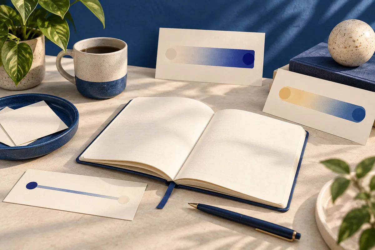 An open blank notebook and pen sit on a cream desk beside gradient-bar cards, a mug, a leafy plant, and a round ornament.