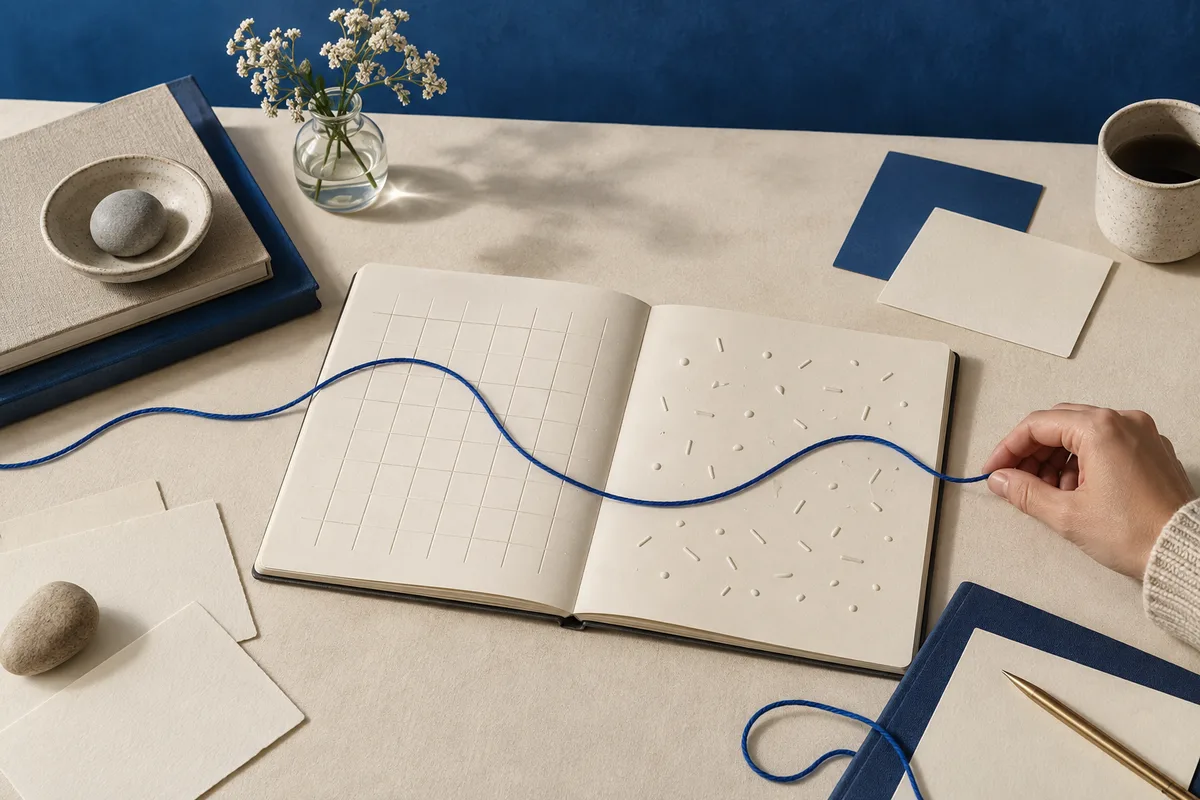 An open notebook shows a grid on one page and scattered marks on the other, crossed by a blue wavy line held by a hand. Papers, stones, a vase of flowers, and a cup sit on the desk.