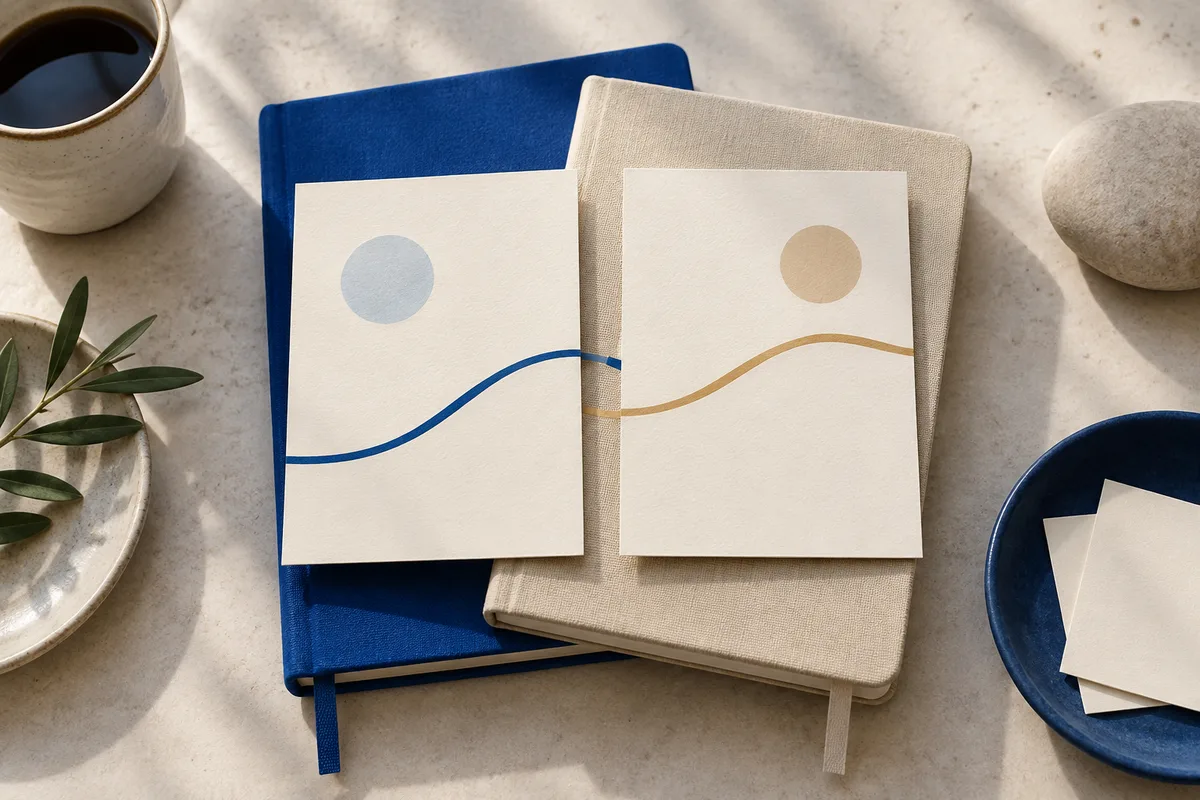 Overhead view of blue and beige notebooks with two cards showing colored dots and curved lines, beside a cup, a leafy plant, and a blue dish holding papers.