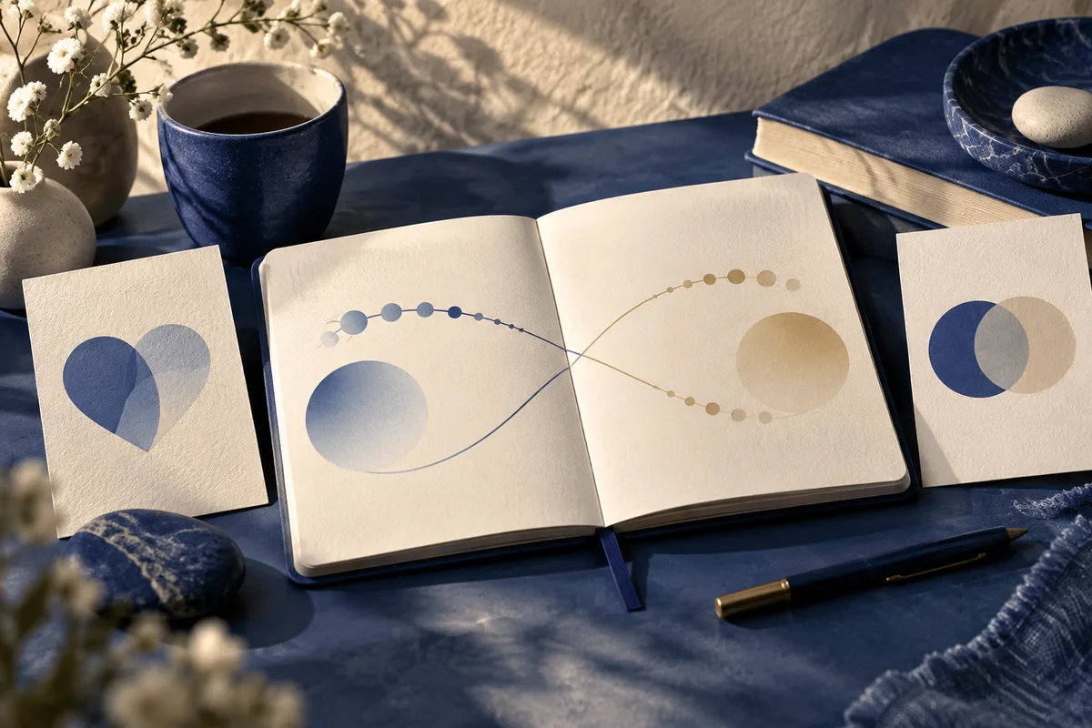 Open notebook with blue and gold dotted curves and circular forms, surrounded by cards, a cup, books, flowers, stones, and a pen on a dark blue surface.