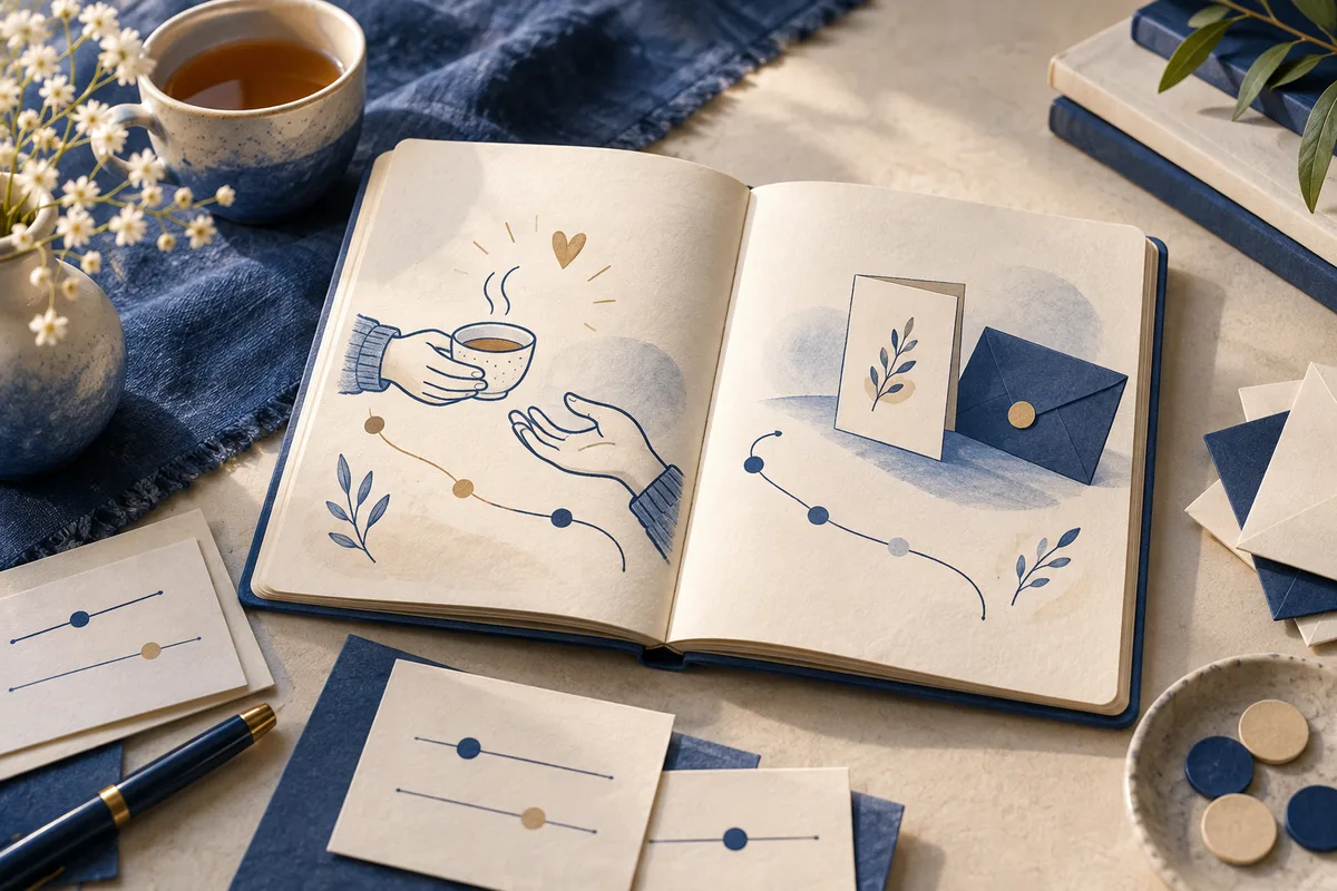 Open illustrated notebook showing hands offering a cup and cards with simple lines and dots, beside a blue envelope, flowers, tea, books, and a bowl of round tokens.