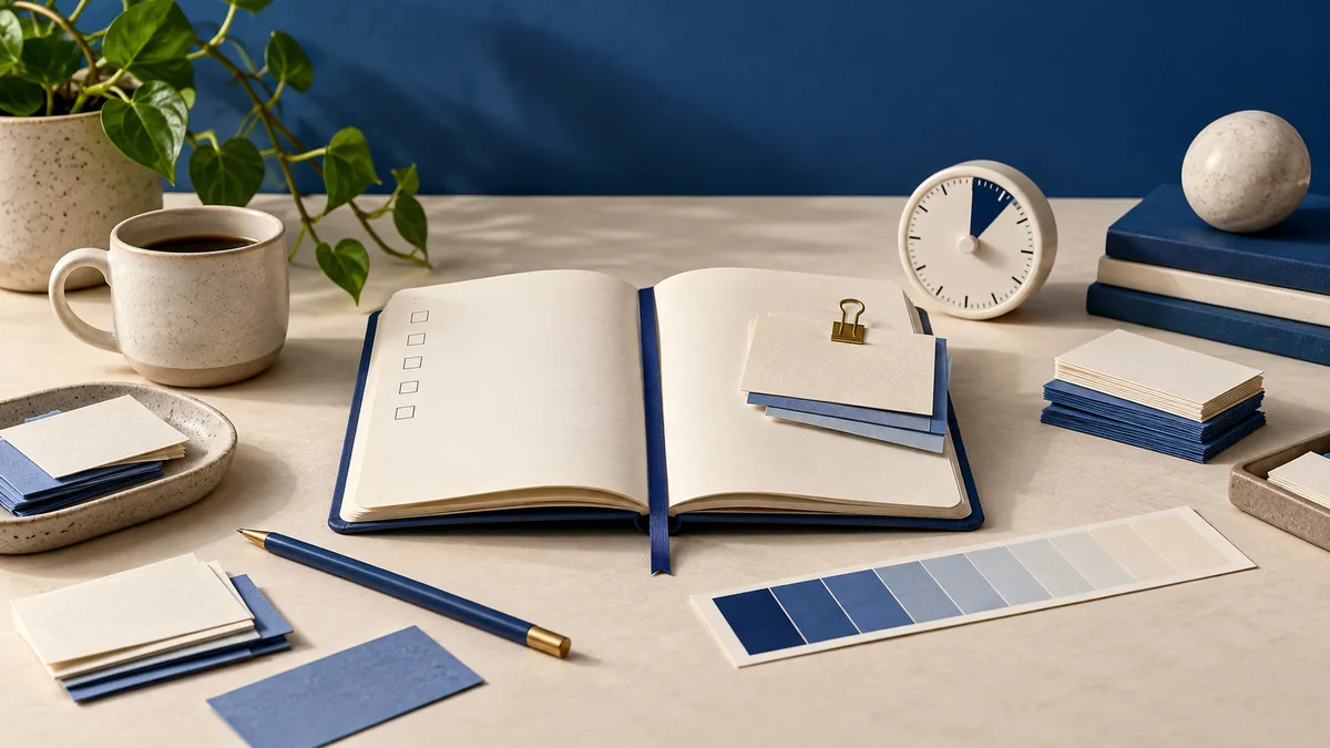 A blue-and-cream desk still life with an open checklist notebook, a clock, a pen, stacked cards and books, a coffee cup, a plant, and a color swatch.