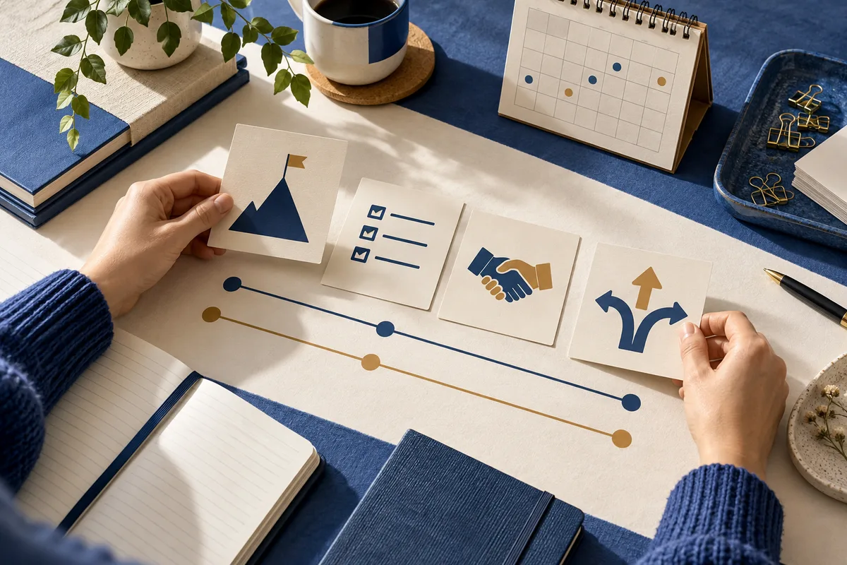 Two hands arrange illustrated cards showing a mountain with a flag, a checklist, a handshake, and branching arrows beside two colored timeline lines; a calendar, notebooks, and paper clips surround the desk.