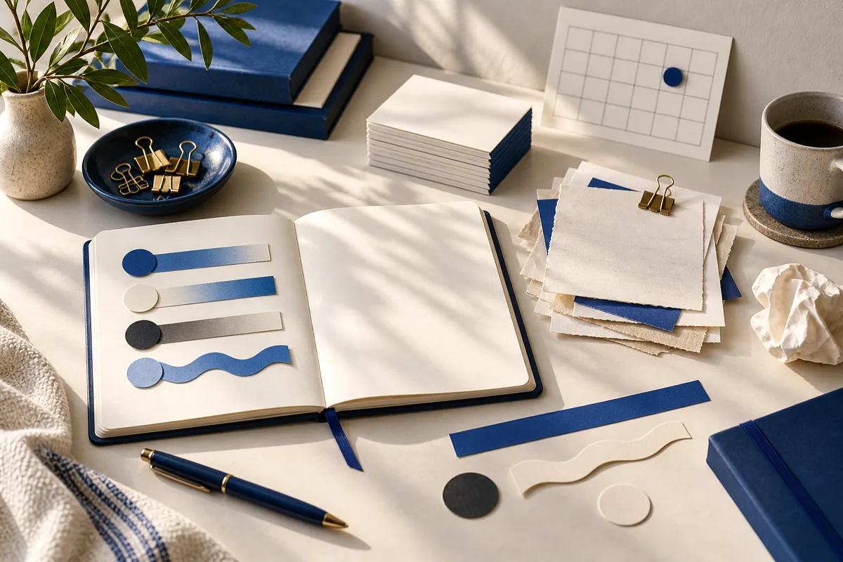 Top-down still life with an open blank notebook, colored bars and circles, blue books, paper, a pen, a plant, a coffee cup, and crumpled paper.