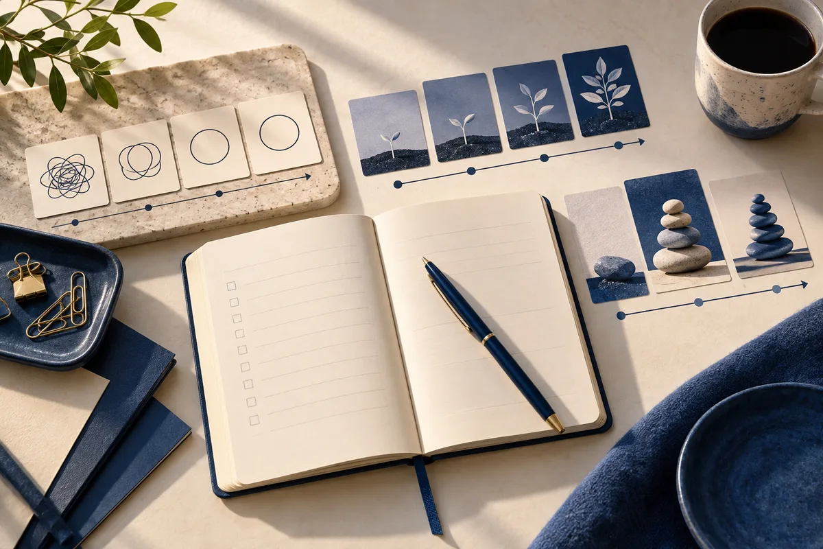 Desk scene with an open checklist notebook and pen, cards showing circles, growing plants, stacked stones, books, clips, and coffee.