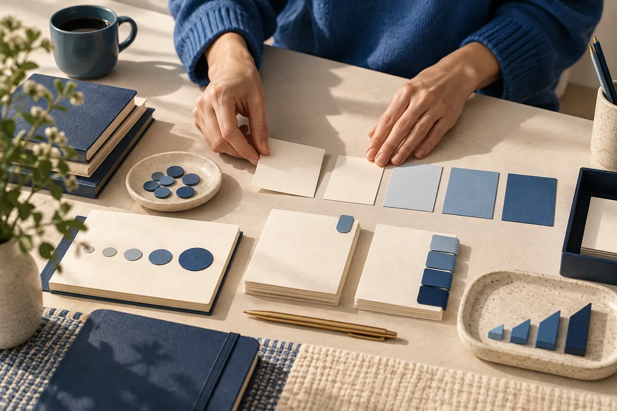 Hands in a blue sweater arrange blank cards and blue shapes on a table beside notebooks, pencils, coffee, and trays.