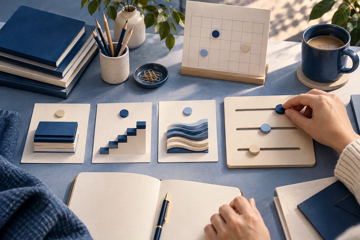Desk scene with books, pencils, an open notebook, a grid board with colored discs, and cards showing stacked books, steps, waves, and sliders; a hand adjusts a disc.