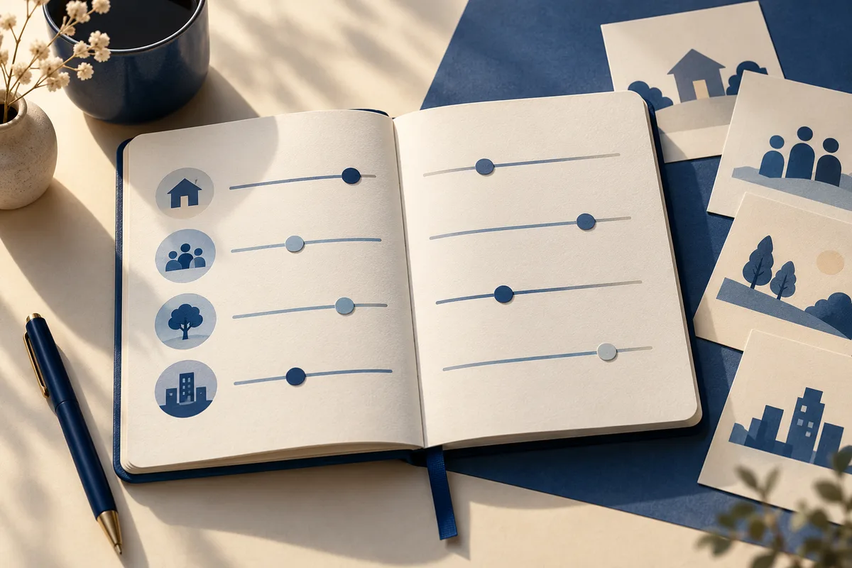 An open notebook with horizontal lines and round markers, beside illustrated cards showing a house, groups of people, trees, and buildings.