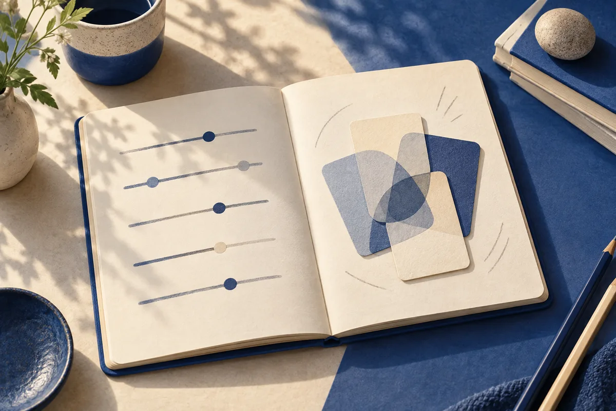 An open notebook shows five slider lines on one page and overlapping blue and cream cards on the other, beside a plant, books and a pencil.