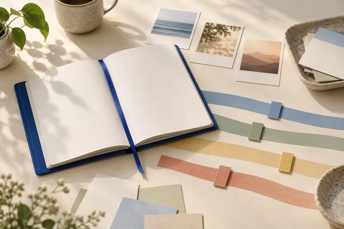 An open blank notebook with a blue ribbon lies beside colored paper strips, small landscape photographs, a mug, and a potted plant.