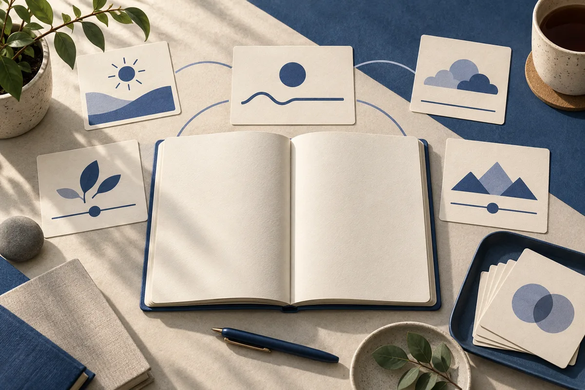 An open blank notebook sits among illustrated cards with a sun, waves, clouds, a sprout, mountains, and overlapping circles; a pen, plants, and a cup are nearby.