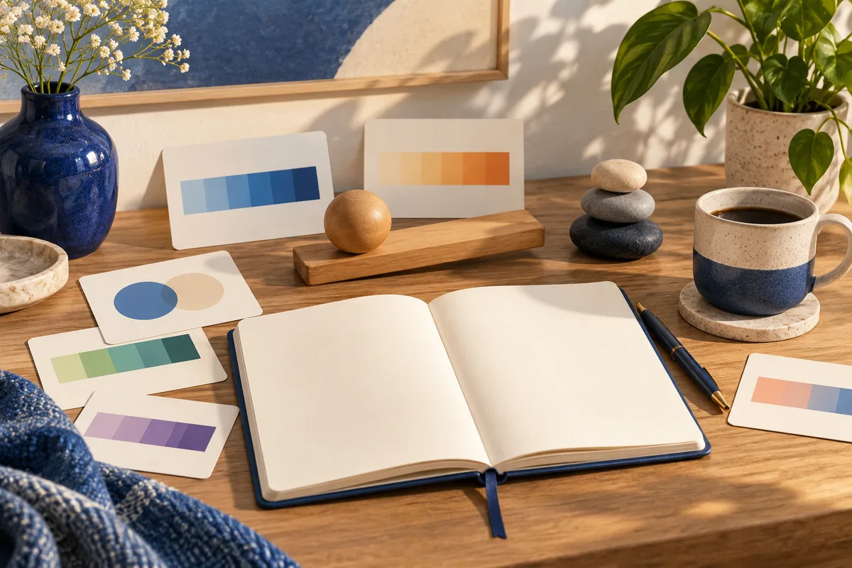 An open blank notebook and a pen sit on a wooden table among color swatch cards, a wooden sphere, stacked stones, a coffee cup, and potted plants.