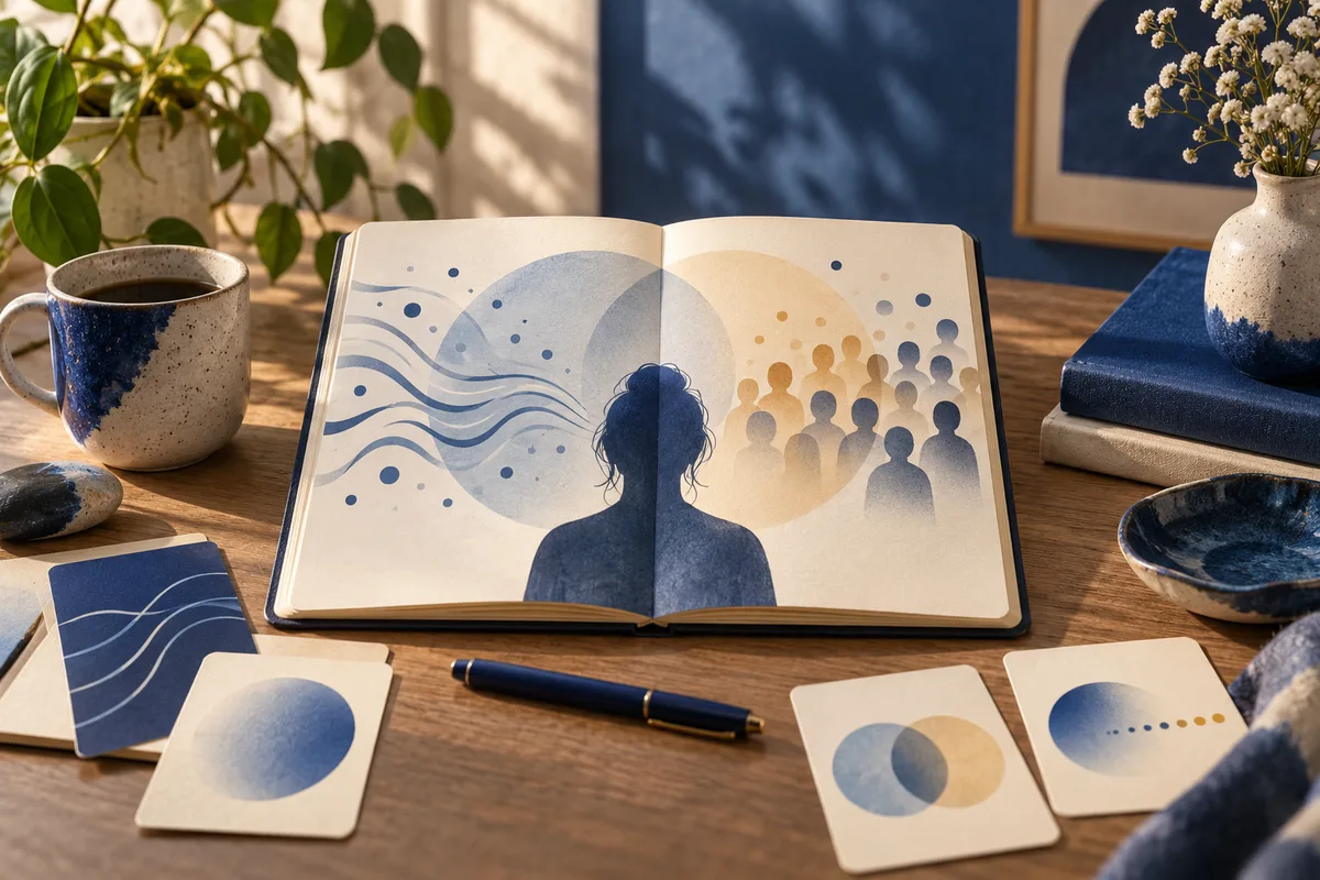 An open notebook shows a silhouetted figure between flowing blue lines and a group of small silhouettes. Nearby are a pen and cards with overlapping circles and colored dots.