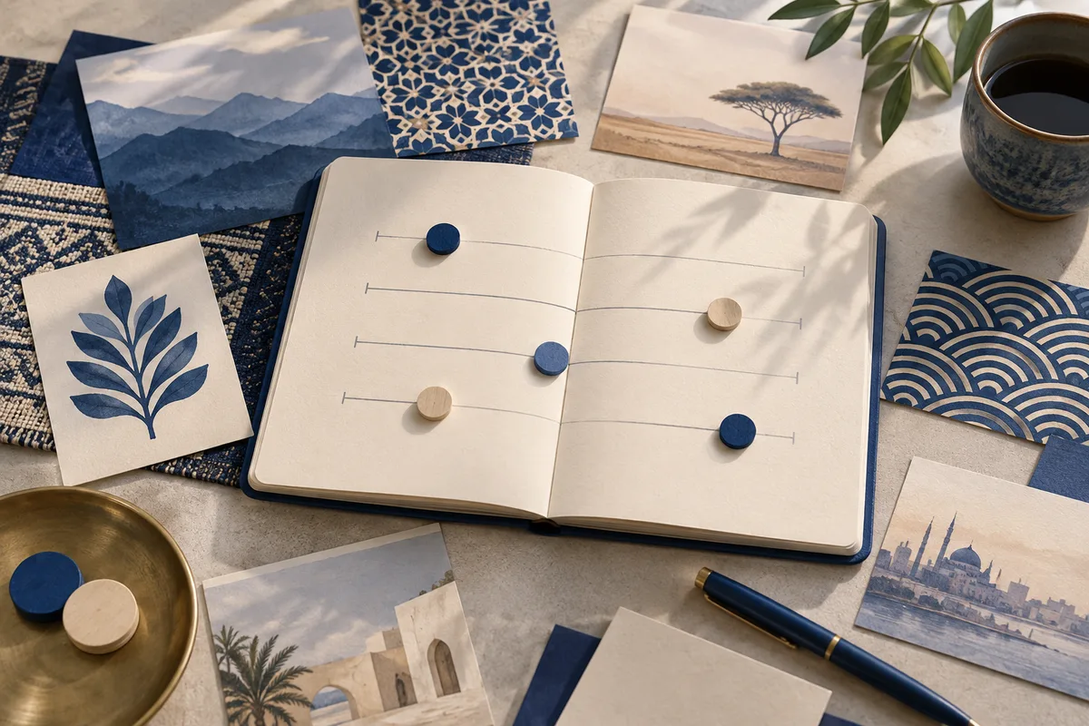 Open notebook with colored round markers on horizontal lines, surrounded by patterned cards, landscape prints, a pen, a bowl, and a cup of coffee.