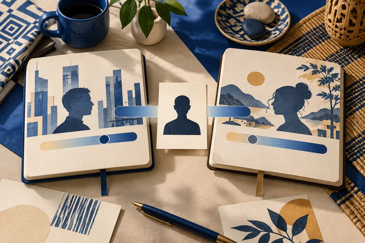 Two open notebooks show dark blue silhouettes against a city scene and a rural scene, with colored horizontal bars and round markers between them.