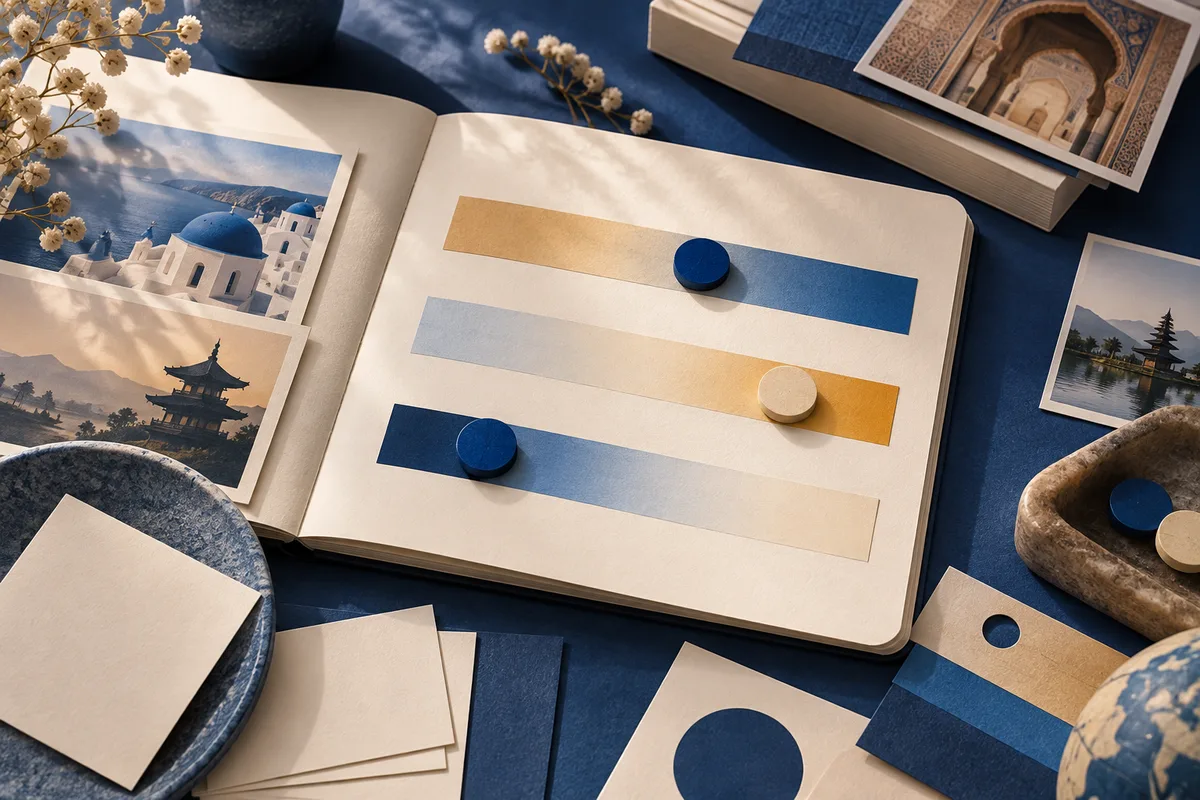 Open notebook with three horizontal color bands and blue and cream round markers, surrounded by landscape prints, cards, dishes, and dried flowers.