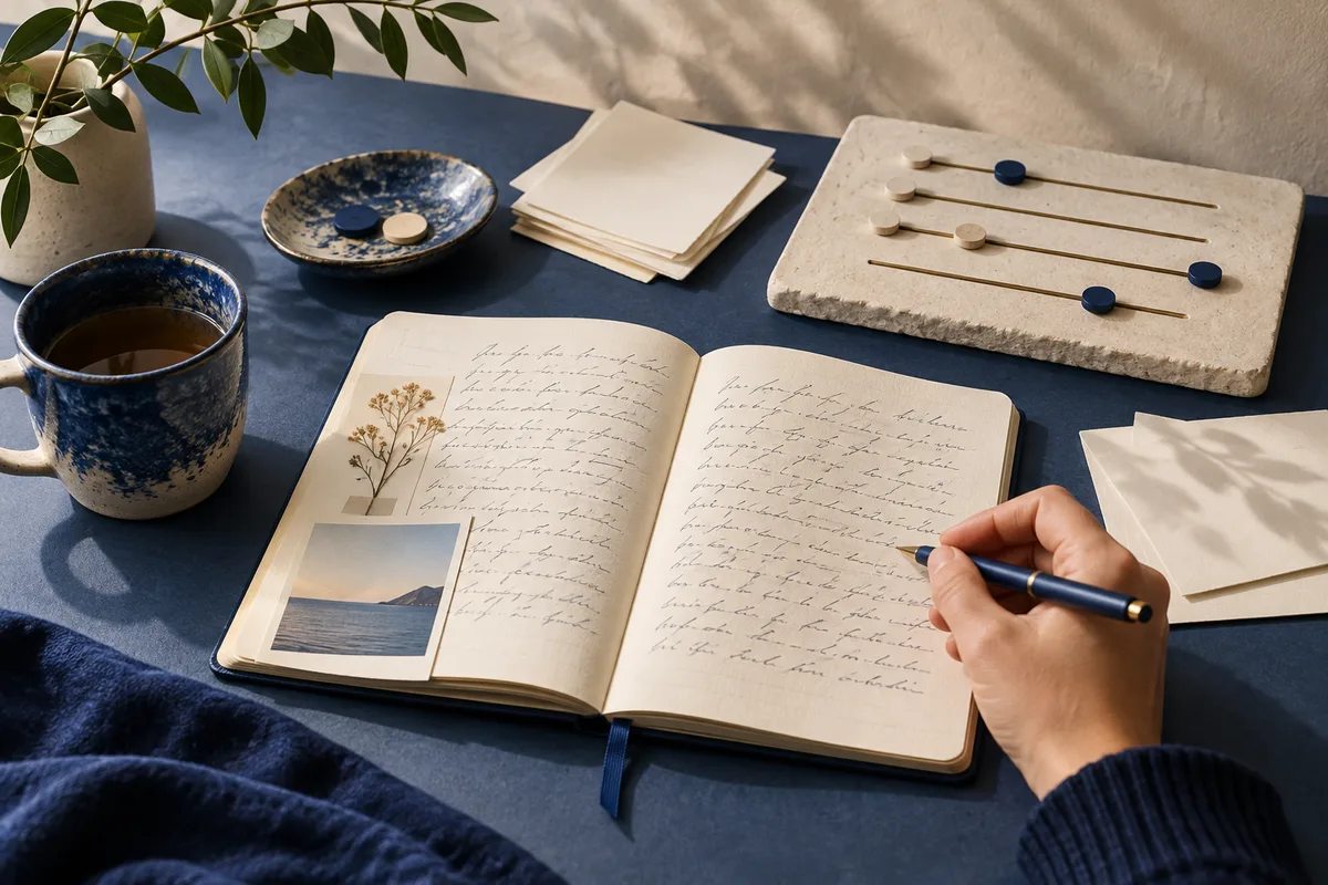 Overhead view of an open handwritten journal being written in beside a blue cup, loose papers, a leafy plant, and a stone board with sliding round pieces.
