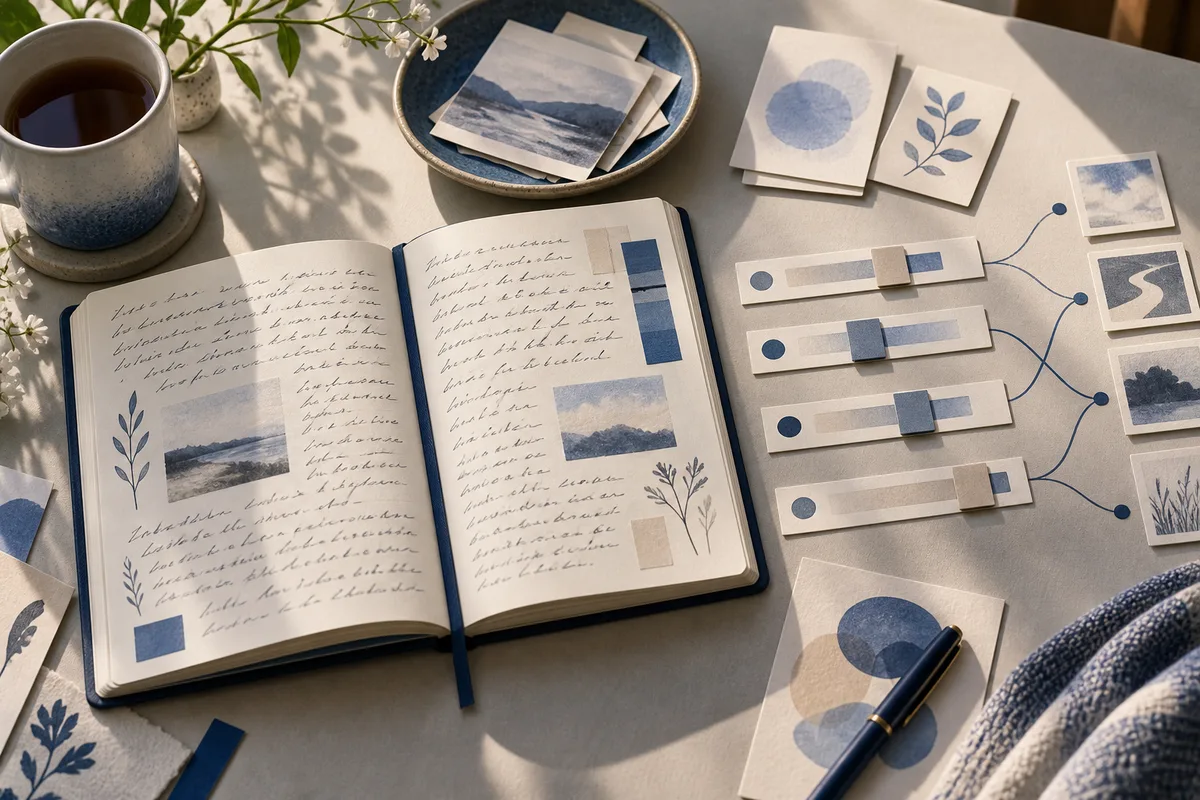 Open handwritten journal surrounded by blue-and-cream cards, small landscape images, abstract horizontal bars with connecting lines, a pen, and a cup of tea.