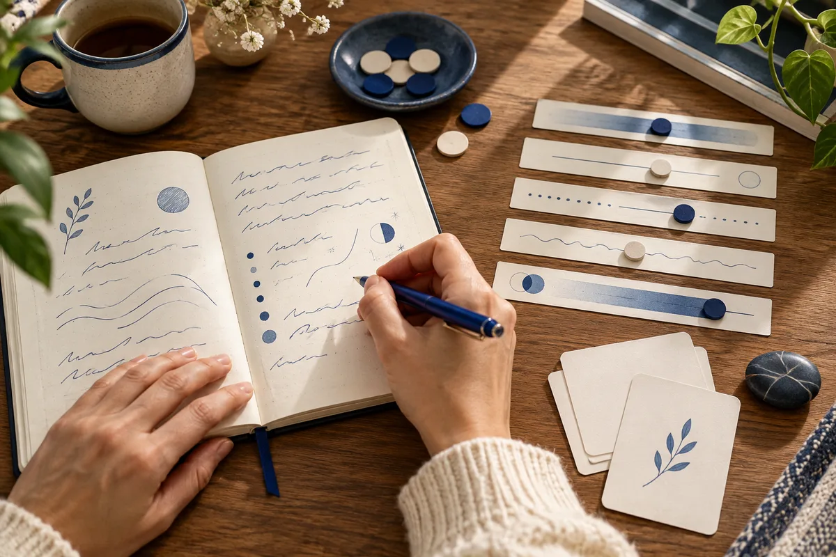 Hands write in an open notebook on a wooden table beside a cup of tea, round blue and cream pieces, abstract horizontal cards, and illustrated cards.