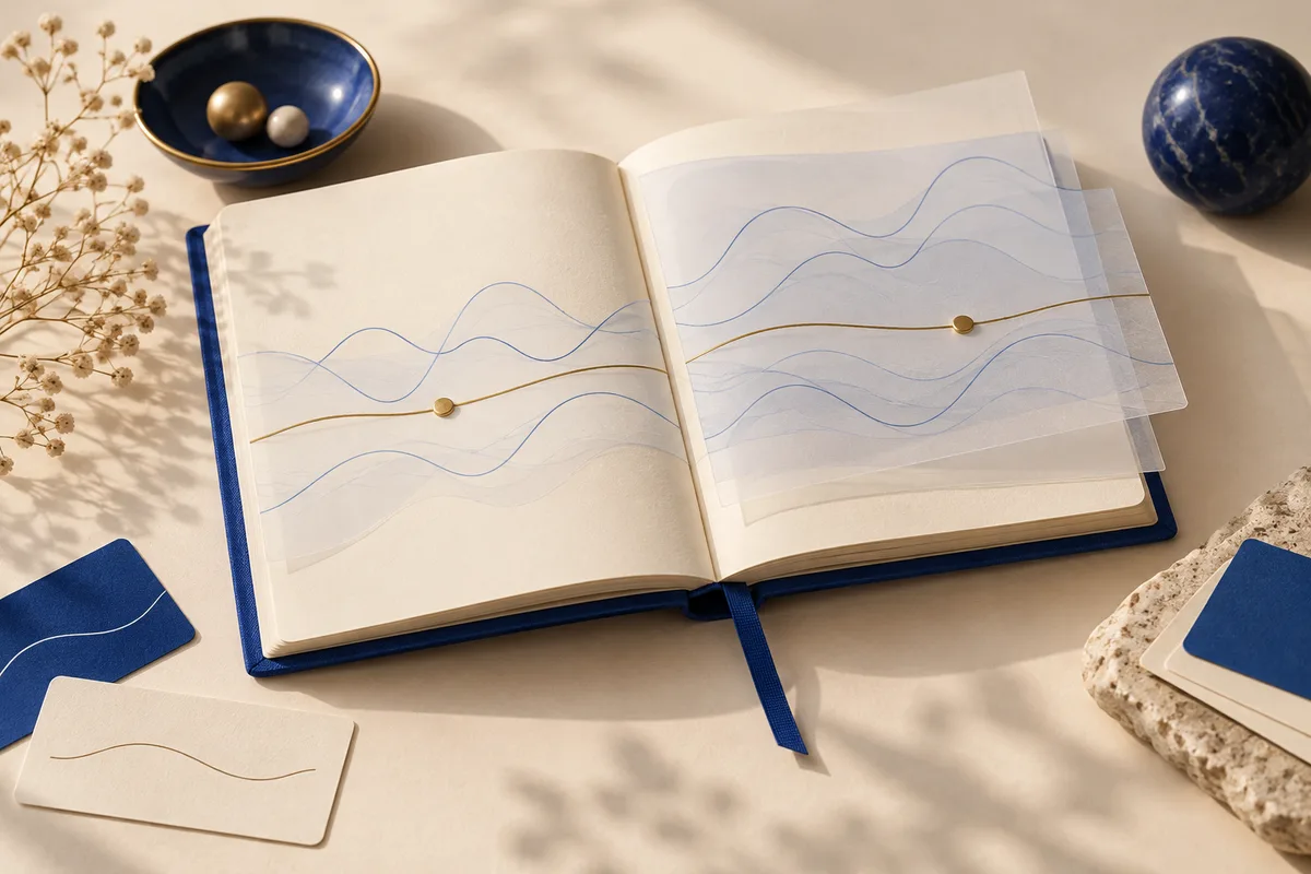 An open book displays thin blue curves and a gold line with two markers. Small cards, a branch, and dark blue spheres sit around it.