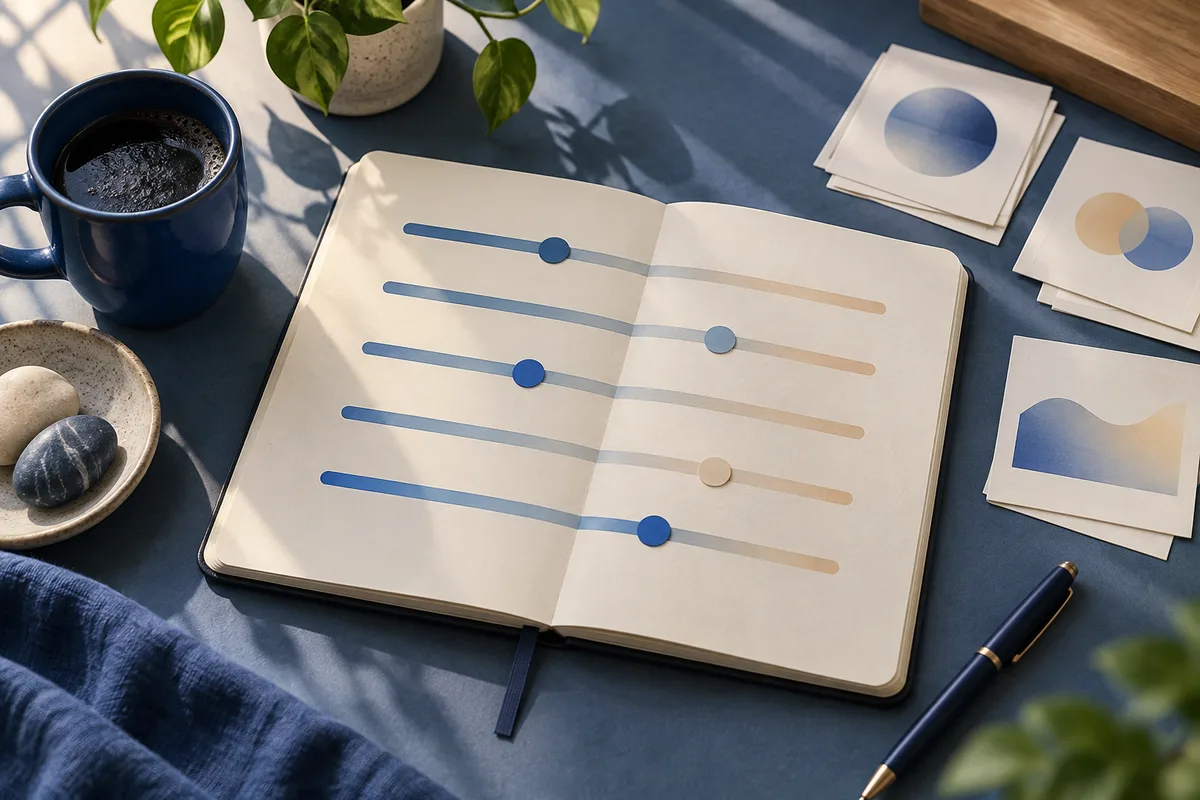 An open notebook with five blue-to-beige slider lines and round markers, beside a dark blue coffee cup, a pen, leafy plant, and cards with abstract color shapes.