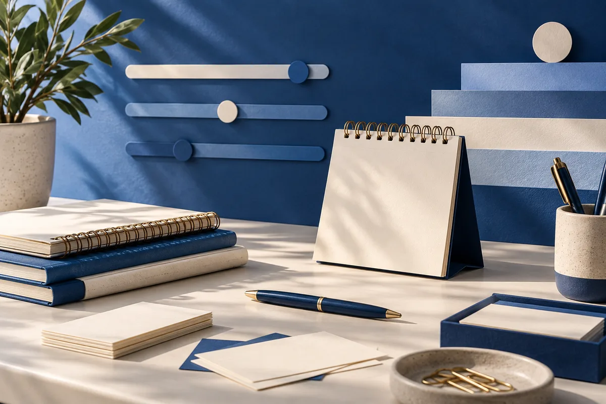 Blue-and-cream desk scene with stacked notebooks, a blank spiral notepad, a pen, abstract slider bars, cards, a plant, and a cup holding pens.