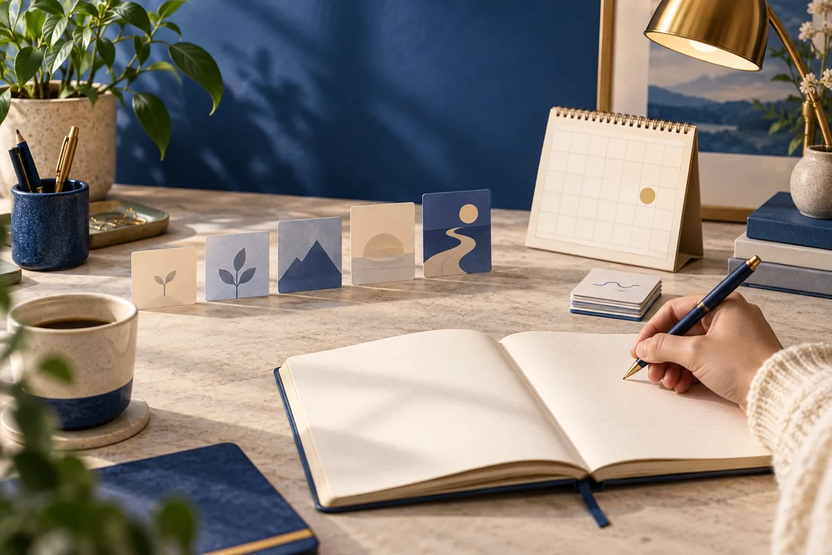 A hand writes in an open blank notebook on a desk with illustrated cards, a small calendar, a desk lamp, plants, and a cup of coffee.