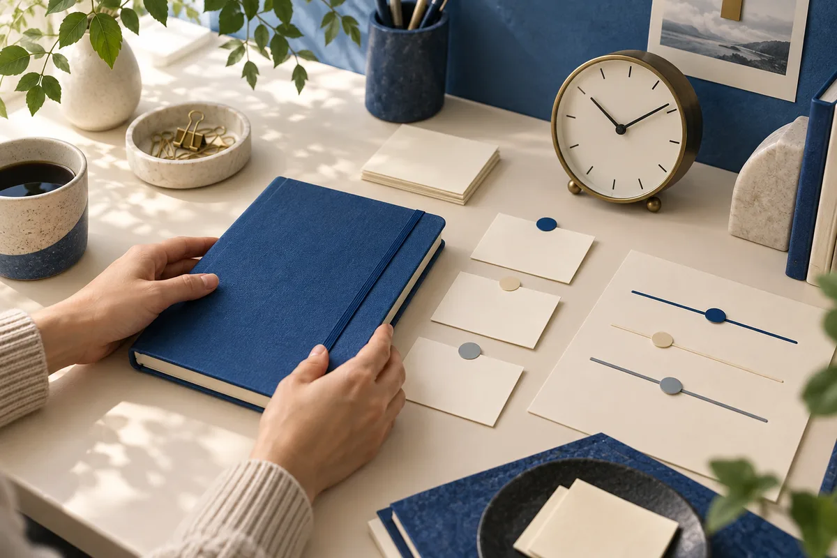 Hands hold a closed blue notebook beside a round clock, cards with colored circles, abstract slider lines, a cup of coffee, and plants.