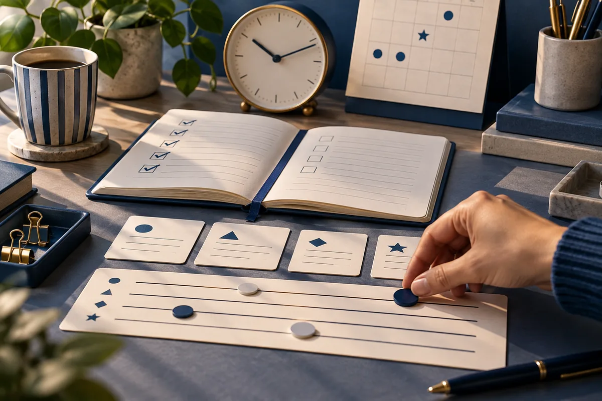 Open lined notebook with checkmarks beside symbol cards and a horizontal slider board with colored markers; a hand moves one marker near a clock.