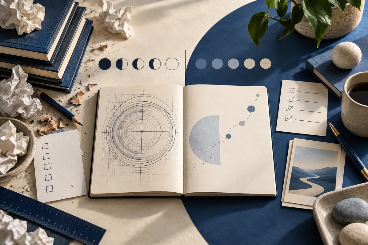 Overhead still life with an open notebook showing a circular sketch and dotted diagrams, surrounded by books, checklist cards, pencils, a cup, stones, and a plant.