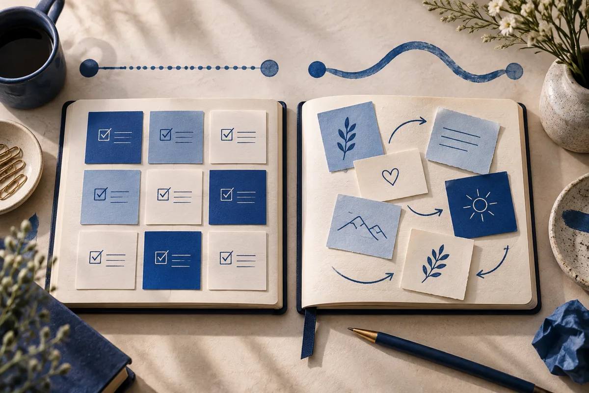 Two open notebooks on a cream surface: one displays blue and cream cards with checkmarks, while the other has illustrated cards linked by arrows.