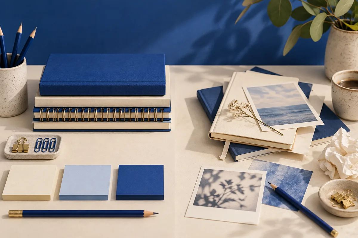 Blue-and-cream tabletop arranged with stacked notebooks, blank color swatches, pencils, photographs, paper clips, cups, and a potted plant.