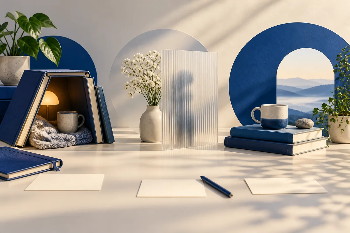 Sunlit still life with blue books, a lit lamp, a mug, a flower vase, blank cards, and a blue pen; a mountain view appears through a circular opening.