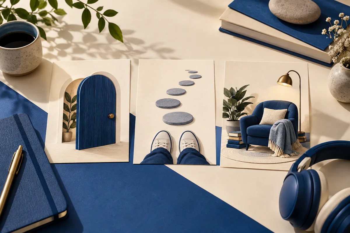 Overhead still life with three illustrated cards showing a blue door, stepping stones, and a blue armchair, surrounded by books, a coffee cup, flowers, and headphones.