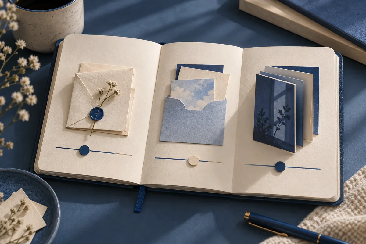 Open notebook displaying three arrangements: a sealed envelope with flowers, a cloud picture in a pocket, and layered blue cards, each above a horizontal line with a round marker.