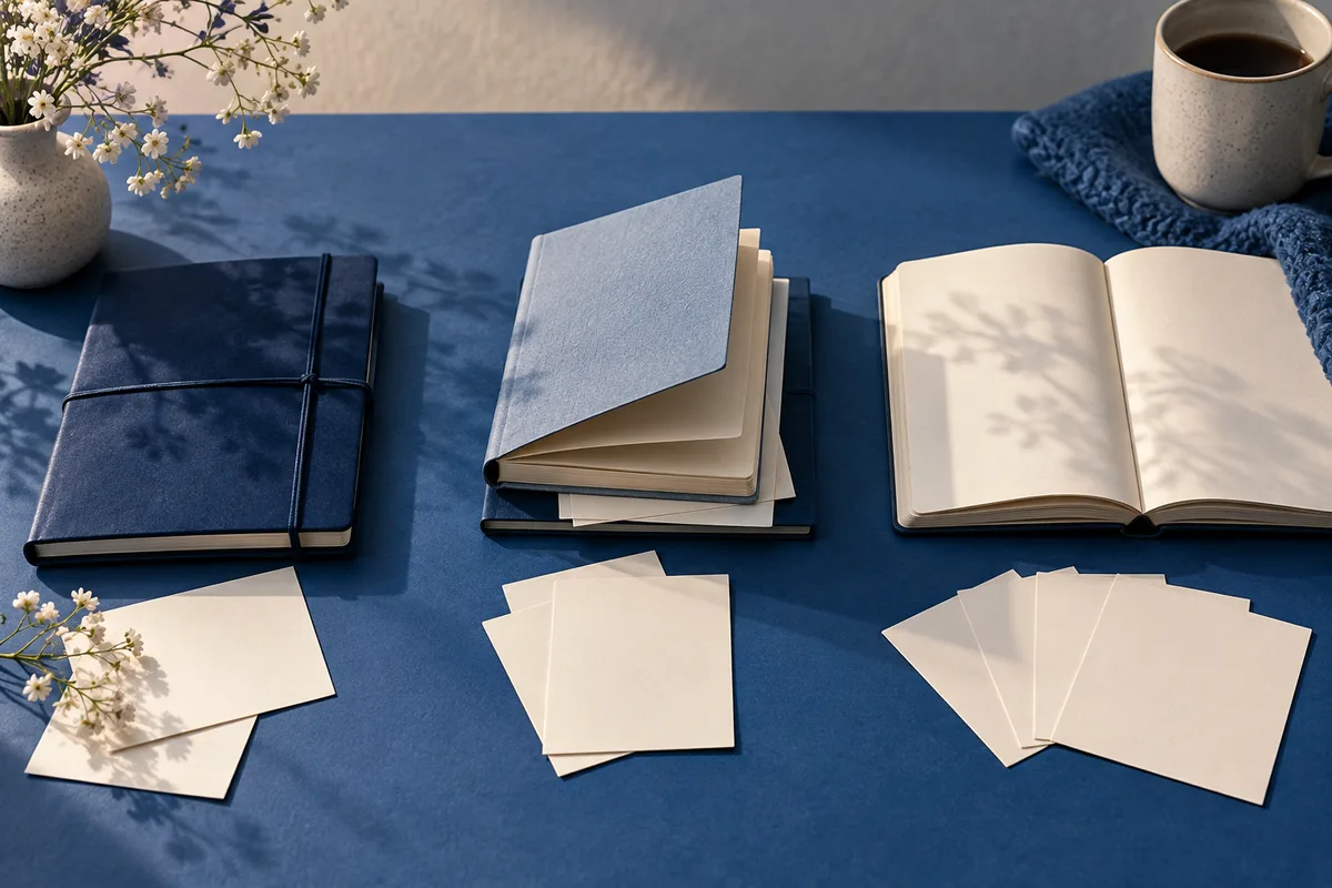 Blue tabletop with a closed notebook, stacked books, an open blank notebook, scattered blank cards, flowers, and a coffee cup.