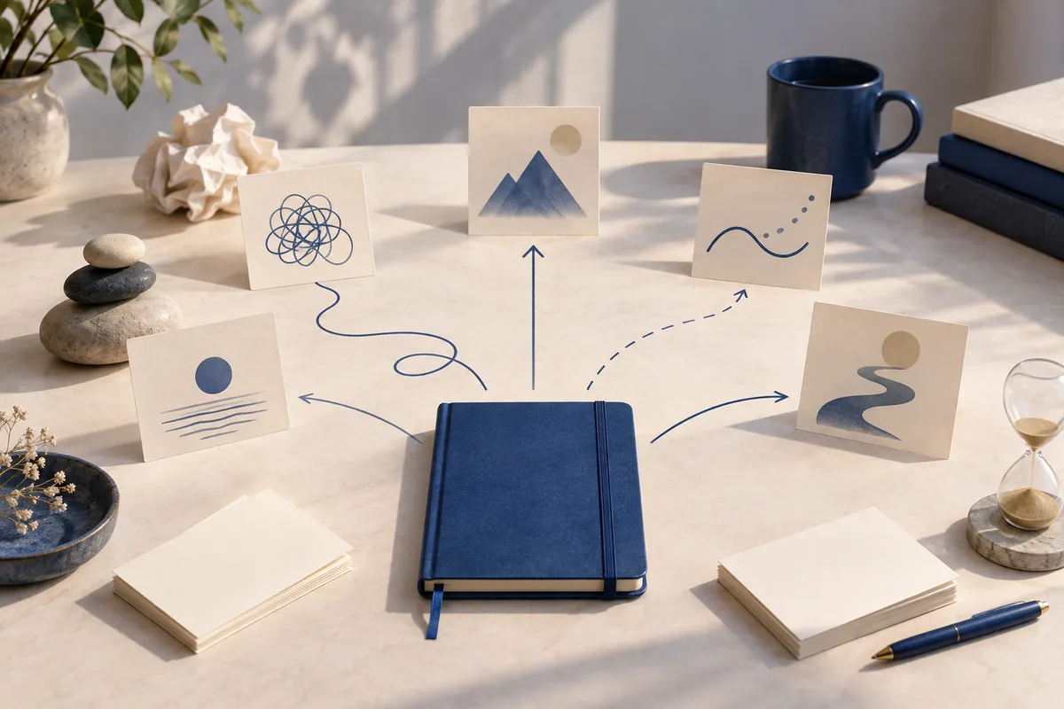 A blue notebook sits on a sunlit table surrounded by blank cards with abstract blue drawings, blank paper stacks, a pen, a mug, stones, and an hourglass.